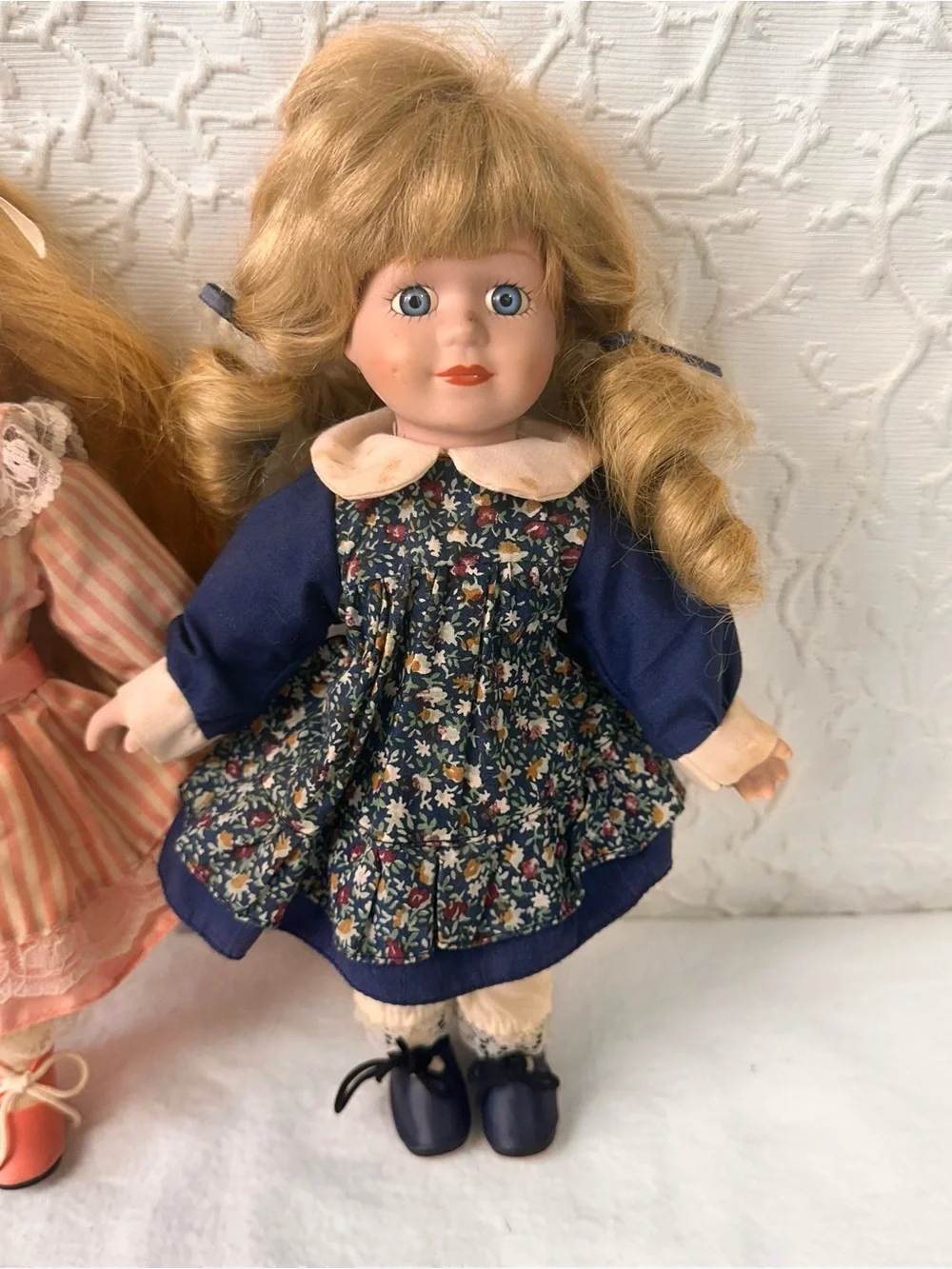 Classic Collectible Porcelain Doll in Pink and Navy - Set of 2
